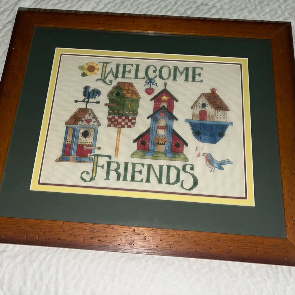 Welcome Friends Framed Cross-Stitch Wall Art - Green